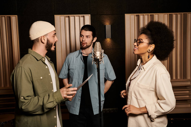 Tres personas participaron en animadas discusiones durante un ensayo de la banda de música en un estudio de grabación. - Foto, imagen