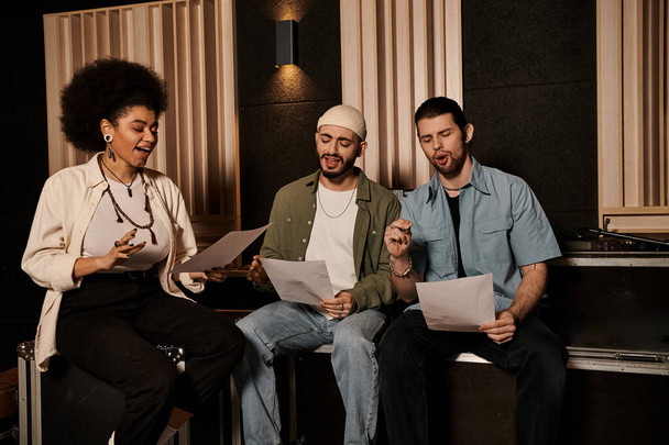 Три музиканти глибоко захопилися музичними листами під час репетиції гурту всередині професійної студії звукозапису. - Фото, зображення