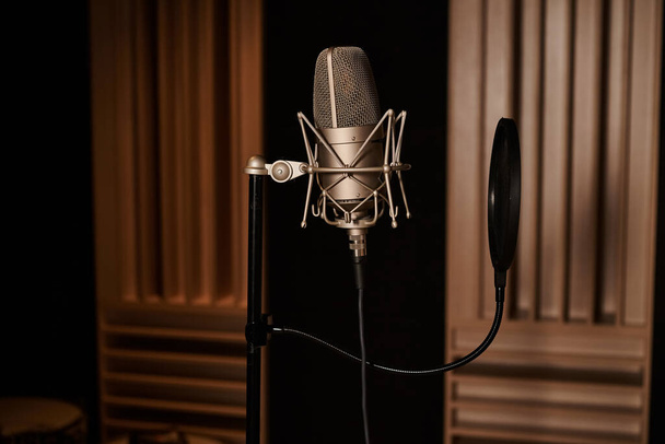 Ένα μικρόφωνο στέκεται ψηλό σε ένα στούντιο ηχογράφησης, έτοιμο να καταγράψει τις συγκινητικές μελωδίες μιας μουσικής μπάντας κατά τη διάρκεια μιας πρόβας. - Φωτογραφία, εικόνα
