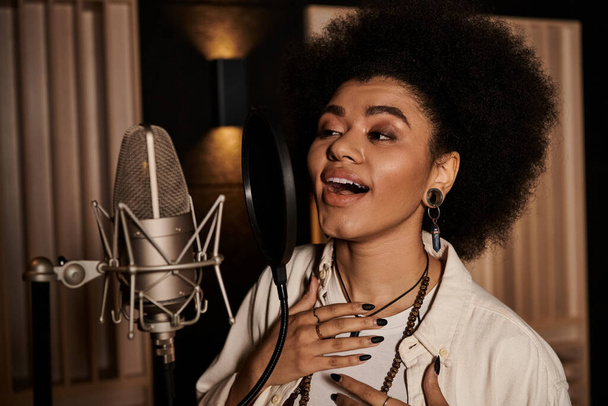 Une femme talentueuse met tout son cœur à chanter dans un studio d'enregistrement lors d'une répétition d'un groupe de musique. - Photo, image