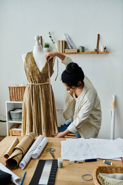 Μια νεαρή γυναίκα ανεβάζει τα ρούχα της, σχεδιάζει ένα φόρεμα σε ένα τραπέζι.. - Φωτογραφία, εικόνα