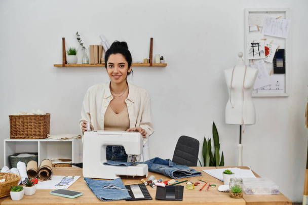 Una joven vestida con ropa casual actualiza la ropa usando una máquina de coser. - Foto, imagen