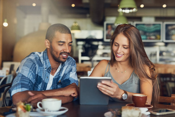 Tablet, breakfast or couple at cafe for food choice, menu or planning brunch meal for coffee shop date together. Digital, payment or people on app for restaurant order with customer experience survey. - Photo, Image