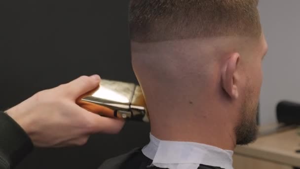 Mestre toca suavemente cliente nuca com barbeador em barbearia closeup. Cabeleireiro profissional corta o cabelo do homem em occiput com ferramenta de barbear no salão - Filmagem, Vídeo