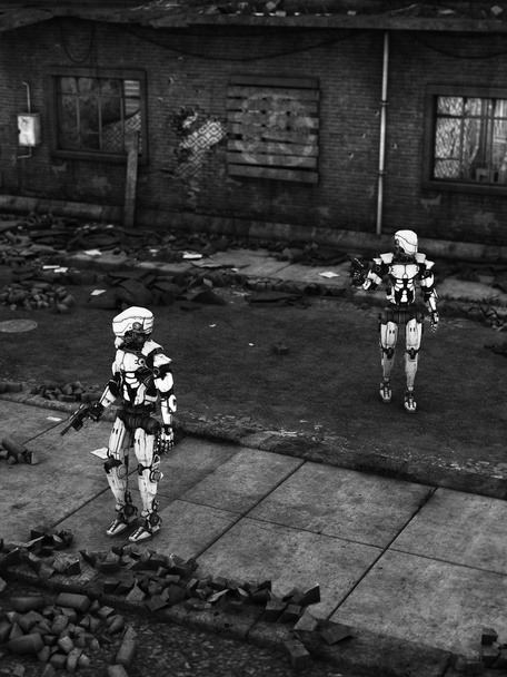 Futuristic soldier robots in ruined city. - Photo, Image