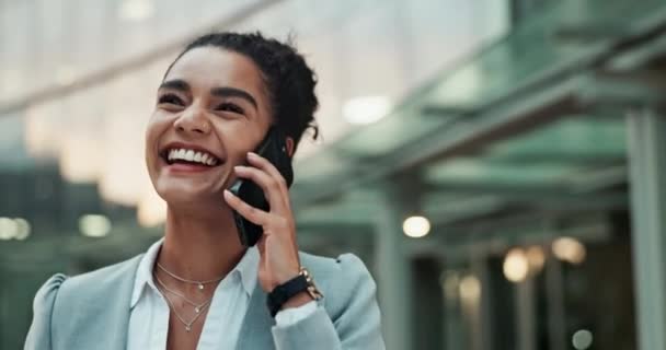 Phone call, walking and business woman in city for communication, conversation and contact. Professional, travel and happy person on smartphone for social networking, talking and chat on commute. - Footage, Video