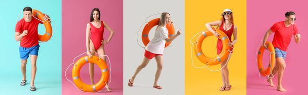 Set of lifeguards on color background - Photo, Image