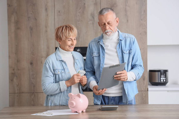 Mature couple with money and clipboard in kitchen - Photo, Image