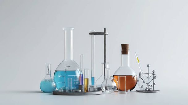 A collection of laboratory glassware with blue and amber liquids, test tubes, beakers, and a molecular model on a white background. - Photo, Image