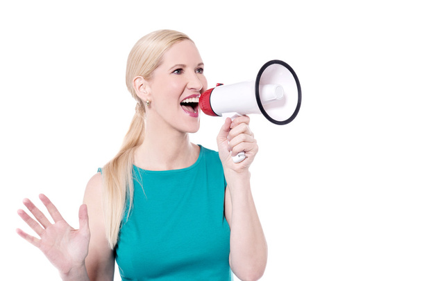 Woman advertisement with megaphone - Foto, Imagem