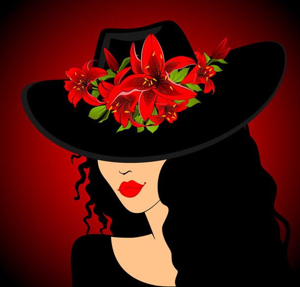 Beautiful girl in hat with beautiful tropical flowers - Вектор,изображение