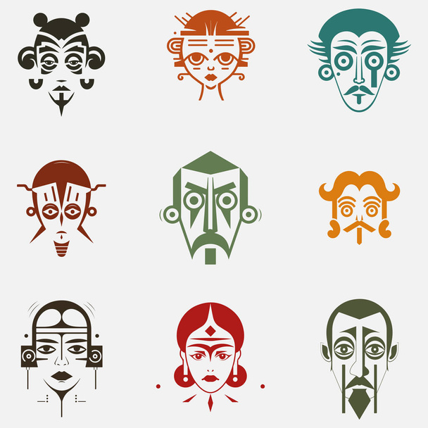 Eine Reihe von Gesichtern, Avataren in verschiedenen Farben und Stilen. Die Gesichter sind alle einzigartig, wobei einige mehr Details aufweisen als andere. Spiel, NFT Avatare. - Vektor, Bild