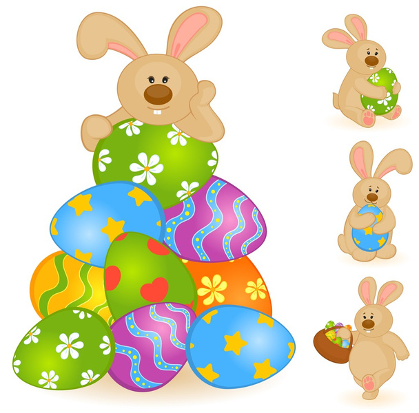 Conejo de Pascua con cesta y huevos de colores. Tarjeta de Pascua
 - Vector, imagen