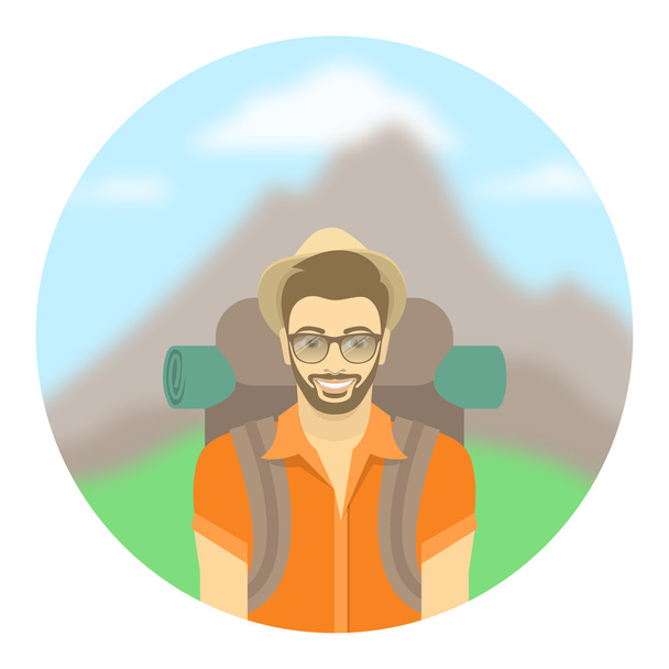 Junger Mann Tourist mit Rucksack vor Bergkulisse - Vektor, Bild