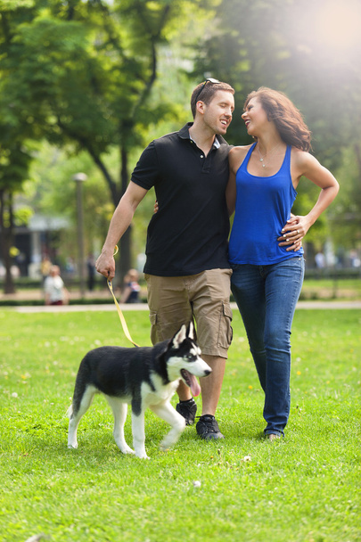Happy couple in love walking in park with grass, with a husky dog - Foto, Imagen