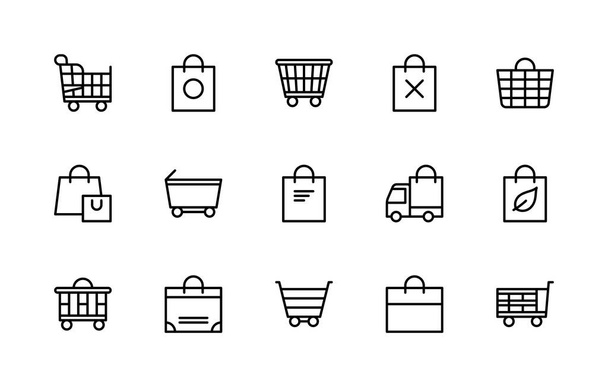 Shopping bag and basket vector linear icons set. Contains such icons as order, shopping cart, empty cart, food delivery and more. Isolated icon collection of bag and basket on white background. - Vector, Image