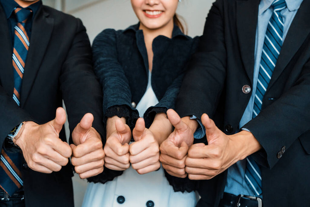 Многие счастливые деловые люди делают большие пальцы вверх знак объединить руки вместе с радостью и успехом. Сотрудник компании празднует после успешного проекта работы. Концепция корпоративного партнерства и достижения. uds - Фото, изображение