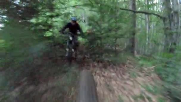 Kerékpárosok elektromos hegyi kerékpározás az erdőben. A kaland fogalma, szabadidő a szabadban. - Felvétel, videó