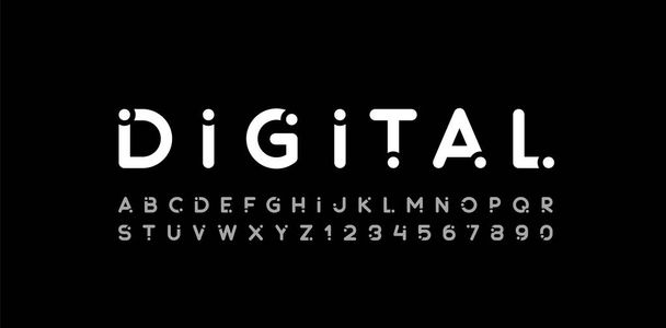 Lettertype digitaal alfabet met witte stippen, letters en cijfers, vectorillustratie 10EPS - Vector, afbeelding