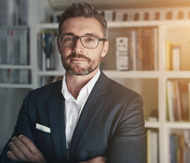 Lawyer, arms crossed and portrait of man in office for confidence, ambition and legal career. Smile, professional and mature businessman with pride at law firm for corporate, company and job at work. - Photo, Image