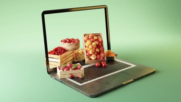 3D-animatie van open laptop met verschillende gezonde vruchten op het scherm geplaatst tegen groen oppervlak in moderne studio - Video