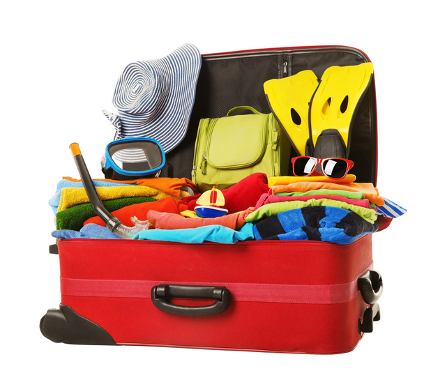 Suitcase Packed to Vacation, Open Red Luggage Full of Clothes, Family Travel - Foto, Imagem