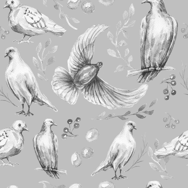 Pigeon oiseaux dessiné à la main aquarelle ensemble parc ville animaux plumes ailes environnement - Photo, image