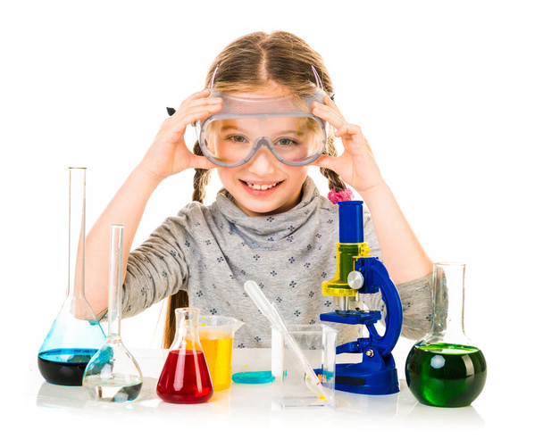 Girl with flasks for chemistry - Foto, Imagem
