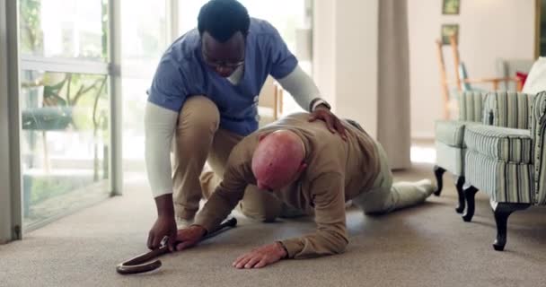 Senior man, fall and nurse helping on floor for accident, home support and balance on sofa or living room. Medical professional or caregiver running to an assist elderly patient with walking stick. - Footage, Video