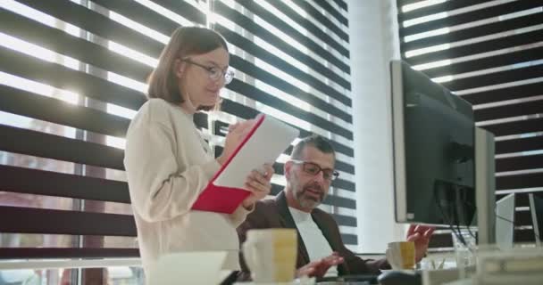 Colegas focados trabalhando juntos em um espaço de escritório bem iluminado. Uma mulher com um caderno discute com um homem em um monitor de computador. - Filmagem, Vídeo