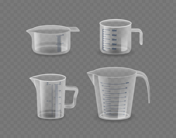Four Transparent Measuring Instruments Isolated On Transparent Background. Realistic 3d Vector Large Pitcher, Two Medium-sized Jugs, And A Tall, Narrow Measuring Cylinder, With Measurement Lines - Vector, Image