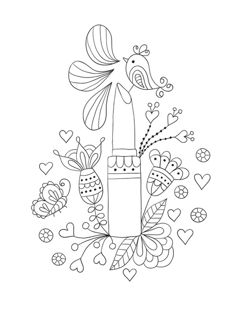 womens lipstick with flowers and bird - Vector, afbeelding