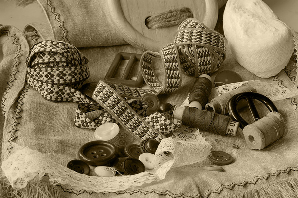 Crafts thread dressmaking scissors monochrome buttons - Photo, Image