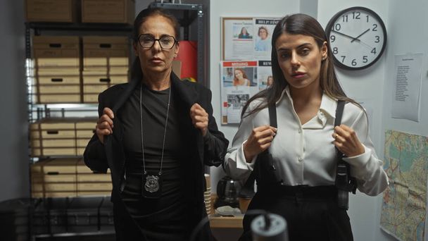 Twee vrouwelijke rechercheurs in een kantoor, badges zichtbaar, omgeven door dossiers, klok, en vermiste posters. - Foto, afbeelding