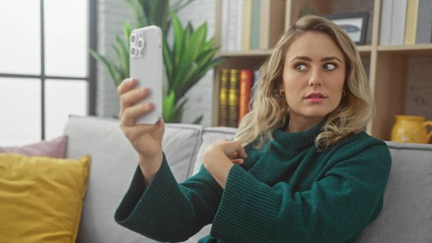 Młoda kaukaska kobieta robi sobie selfie w domu swoim smartfonem, pokazując przytulny salon. - Zdjęcie, obraz