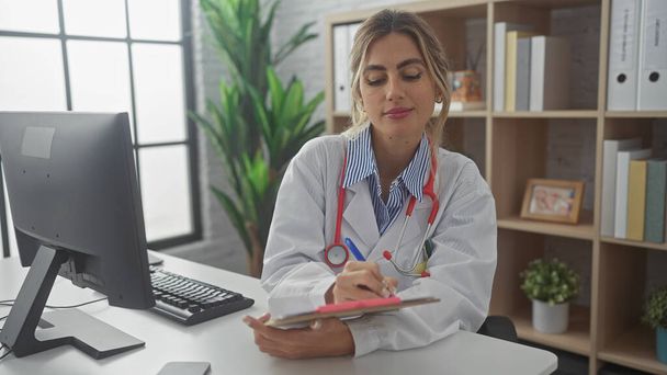 Μια ξανθιά γυναίκα γιατρός με λευκό παλτό που γράφει σημειώσεις σε ένα σύγχρονο νοσοκομειακό γραφείο, που ενσωματώνει τον επαγγελματισμό και την υγειονομική περίθαλψη. - Φωτογραφία, εικόνα