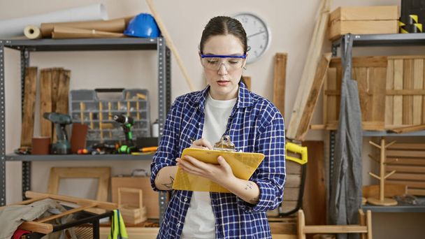 Молодая белая женщина в защитных очках сосредоточилась на записи в блокноте в помещении столярной мастерской - Фото, изображение