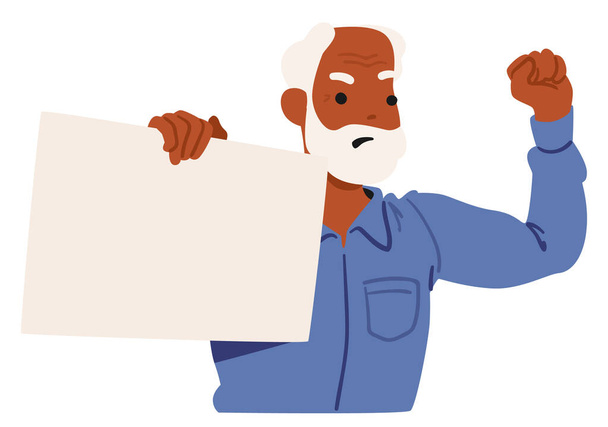 Elderly Gentleman With A White Beard Confidently Raises His Fist In The Air, Holding A Blank Protest Sign. Character Showcasing The Spirit Of Advocacy And Courage. Cartoon People Vector Illustration - Vector, Image