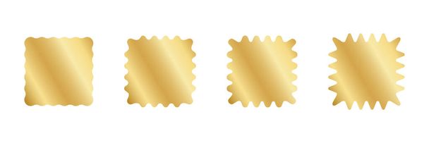 Набор золотых квадратных наклеек с волнистыми границами. Блестящие золотые этикетки, значки, ценники или купоны волнистые формы изолированы на белом фоне. Векторная иллюстрация. - Вектор,изображение