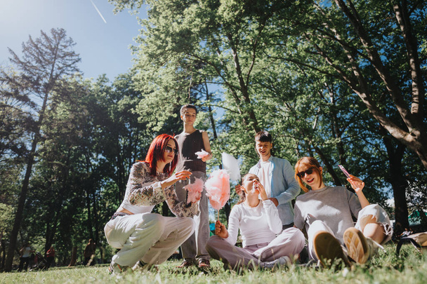 Радостная сцена в солнечном парке с разнообразной группой друзей, которые делятся сладкой ватой и напитками, олицетворяя момент беззаботного веселья и единения. - Фото, изображение