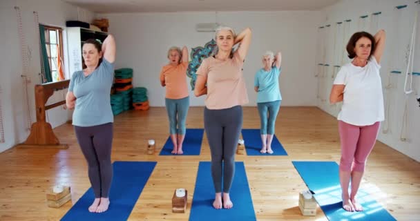 Seniorin, Yoga und Stretching mit Menschen in Pilates für Zen, spirituelles Wohlbefinden oder Gleichgewicht zusammen. Ältere Gruppe, Yogi oder Fitnesstraining für Aufwärmen, Bewusstsein oder Gesundheit auf der Matte. - Filmmaterial, Video