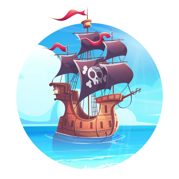 Ručně nakreslený 100 vektorový obraz. Digitální ilustrace. Kreslená ilustrace s pirátskou lodí s červenými vlajkami a lucernou. - Vektor, obrázek