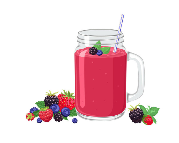 Berry smoothie muurari purkki lasi olki eristetty valkoisella pohjalla. Punaiset hedelmäpirtelöt. Vektoripiirroskuva. - Vektori, kuva