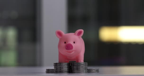 Demonstratie van besparingen met kleine varkens en piramide van munten stijgen. Illustratie van de geleidelijke inkomensgroei en geleidelijke accumulatie van middelen - Video