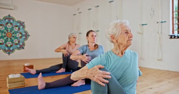 Fitness, Yoga und Seniorinnen Stretching im Kurs für Wellness, gesunden Körper und Gleichgewicht am Boden. Rentner, Pilates und Senioren gemeinsam auf Sportmatte für Bewegung, Workout und Training. - Filmmaterial, Video