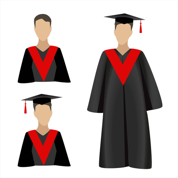 Man in afgestudeerde ceremoniële kleding. Set van afgestudeerde hoeden, academische pleinen of student caps en mantels in verschillende kleuren. Jpeg geïsoleerd op wit. - Foto, afbeelding