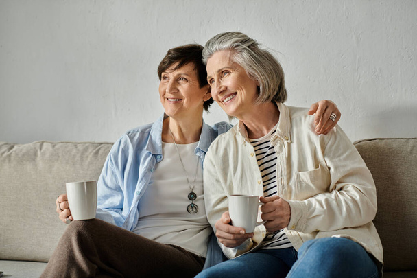 Ηλικιωμένες λεσβίες απολαμβάνουν ένα ζεστό διάλειμμα για καφέ σε έναν καναπέ. - Φωτογραφία, εικόνα