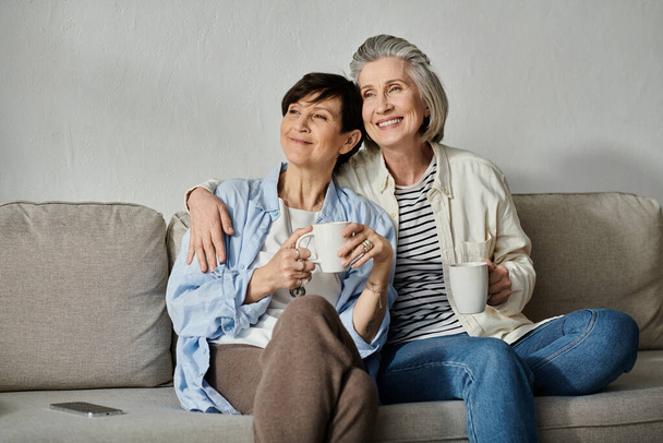 居心地の良いソファーで一緒にコーヒーを楽しんでいる2人の高齢女性. - 写真・画像
