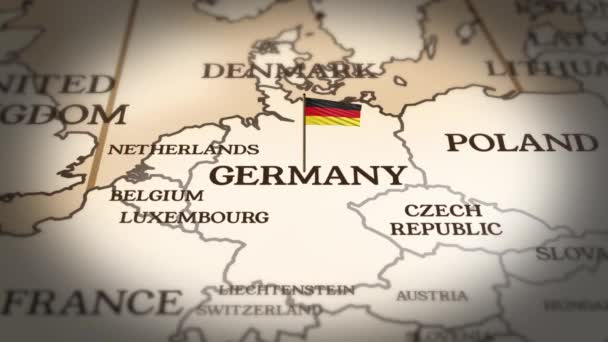 Německo vlajka vyvěšená na mapě světa s 3D animací - Záběry, video