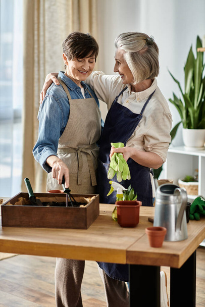 Twee vrouwen in schorten die samen in een keuken staan. - Foto, afbeelding